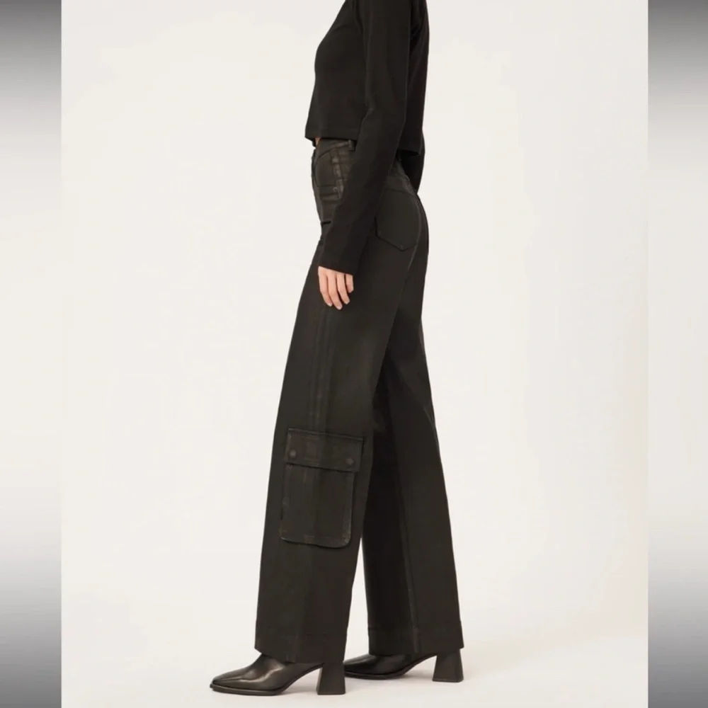 DL1961 Hepburn Wide Leg High Rise Vintage Black Coated Cargo Jeans Pants Sz 33